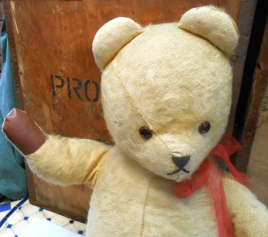 HUGE MOHAIR VINTAGE ARK TEDDY BEAR-GROWLER-RED BOW & REXINE PAWS MADE IN DURBAN IN 1950'S