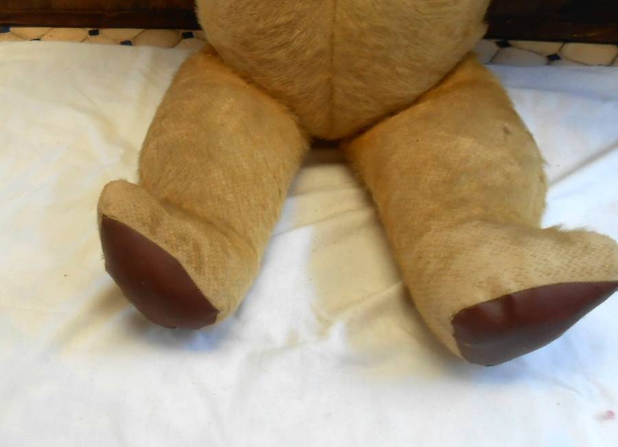 HUGE MOHAIR VINTAGE ARK TEDDY BEAR-GROWLER-RED BOW & REXINE PAWS MADE IN DURBAN IN 1950'S