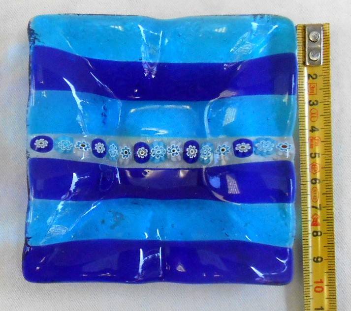 Square Vintage Blue Glass Murano trinket holder with Millefiori enamel flowers in perfect condition
