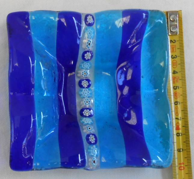 Square Vintage Blue Glass Murano trinket holder with Millefiori enamel flowers in perfect condition