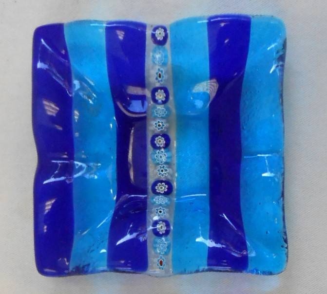 Square Vintage Blue Glass Murano trinket holder with Millefiori enamel flowers in perfect condition