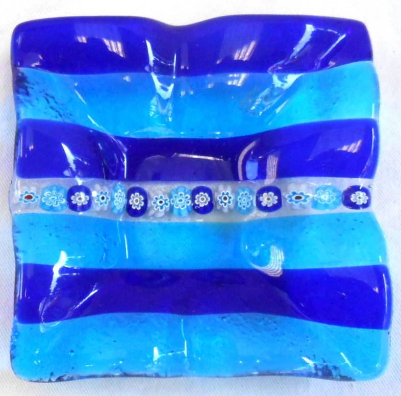 Square Vintage Blue Glass Murano trinket holder with Millefiori enamel flowers in perfect condition