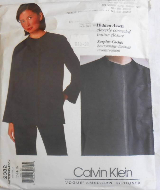 VOGUE 2332 CALVIN KLEIN-JACKET & PANTS SIZE 12-14-16 COMPLETE-CUT TO 16