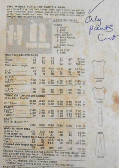 BUTTERICK 6580 TUNIC-TOP-PANTS-SASH SIZE 10 COMPLETE-ONLY PANTS CUT