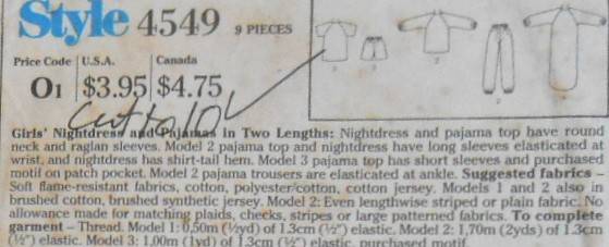 STYLE 4549 GIRLS NIGHTDRESS & PJS SIZE 7-8-10 YEARS COMPLETE-CUT TO 10