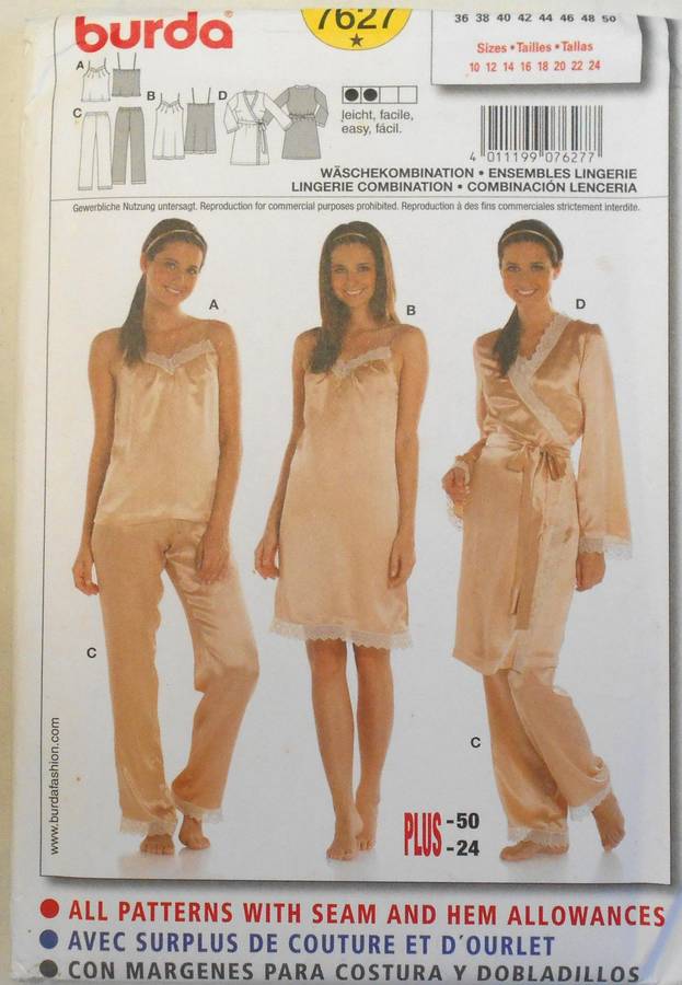 BURDA 7627 LADIES NIGHTIE-PJS-ROBE SIZE 10-24 COMPLETE-UNCUT-F/FOLDED