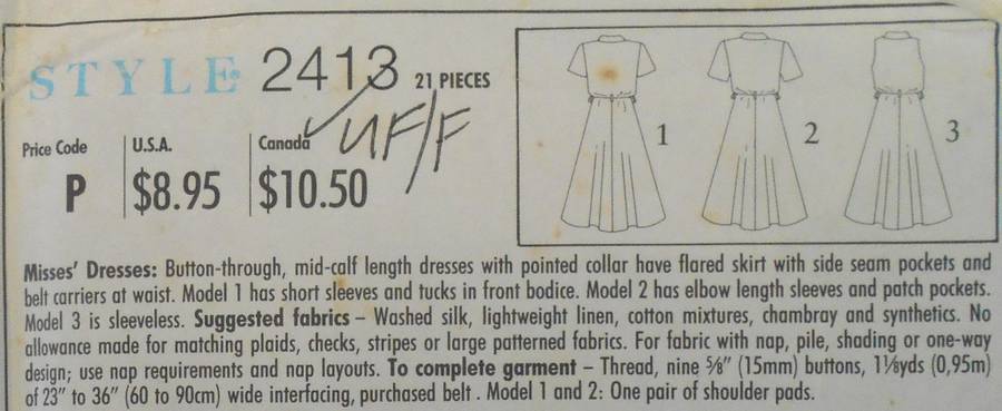 STYLE 2363 FRONT BUTTON DRESSES SIZE 8-18 COMPLETE-UNCUT-F/FOLDED