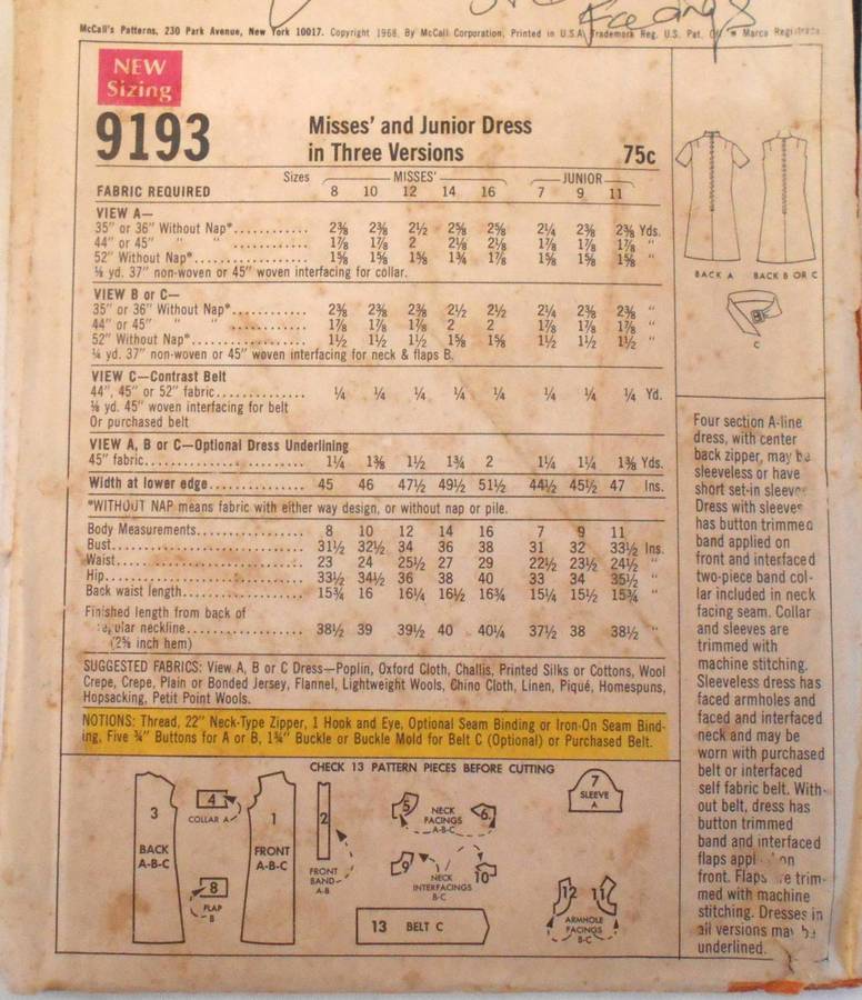 VINTAGE McCALLS 9193 DRESS IN 3 VERSIONS SIZE 14 BUST 36 COMPLETE