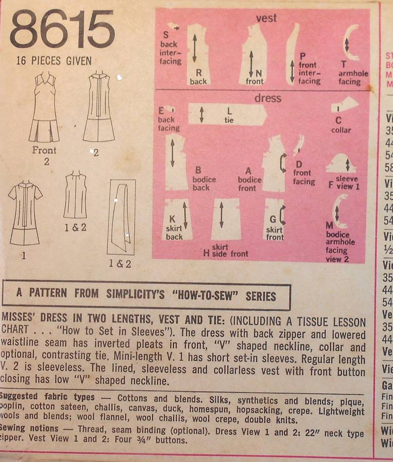 SIMPLICITY 8615 DRESS IN 2 LENGTHS-VEST-TIE SIZE 16 BUST 38 COMPLETE-UNCUT-F/FOLDED