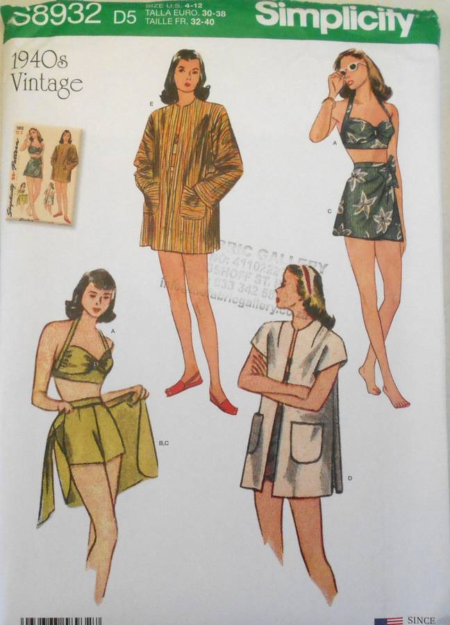SIMPLICITY S8932 VINTAGE BIKINI TOP-SHORTS-WRAP SKIRT-LINED COATS SIZE 6-12 COMPLETE-UNCUT-F/FOLDED