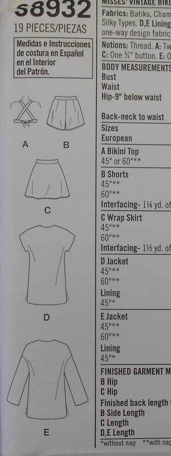 SIMPLICITY S8932 VINTAGE BIKINI TOP-SHORTS-WRAP SKIRT-LINED COATS SIZE 6-12 COMPLETE-UNCUT-F/FOLDED