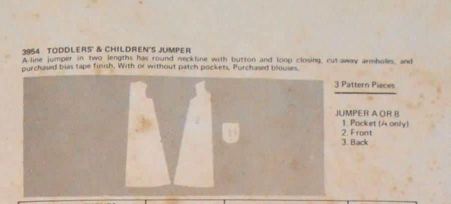 BUTTERICK 3954 TODDLERS PINAFORE SIZE 3 YEARS BREAST 56 CM/22'" COMPLETE