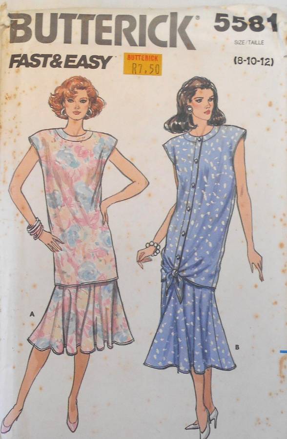BUTTERICK 5581 V/OOSE FITTING FORNT OR BACK BUTTON TOP & SKIRT  SIZE 8-10-12 COMPLETE-UNCUT-F/FOLDED