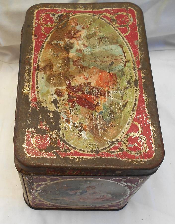 ANTIQUE 3LB MAZAWATTEE TEA TIN with INNER SEALABLE SECTION - ROMANTIC SCENE- MADE IN LONDON, ENGLAND