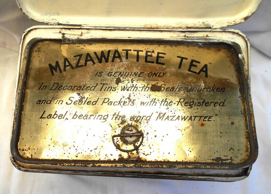 ANTIQUE 3LB MAZAWATTEE TEA TIN with INNER SEALABLE SECTION - ROMANTIC SCENE- MADE IN LONDON, ENGLAND