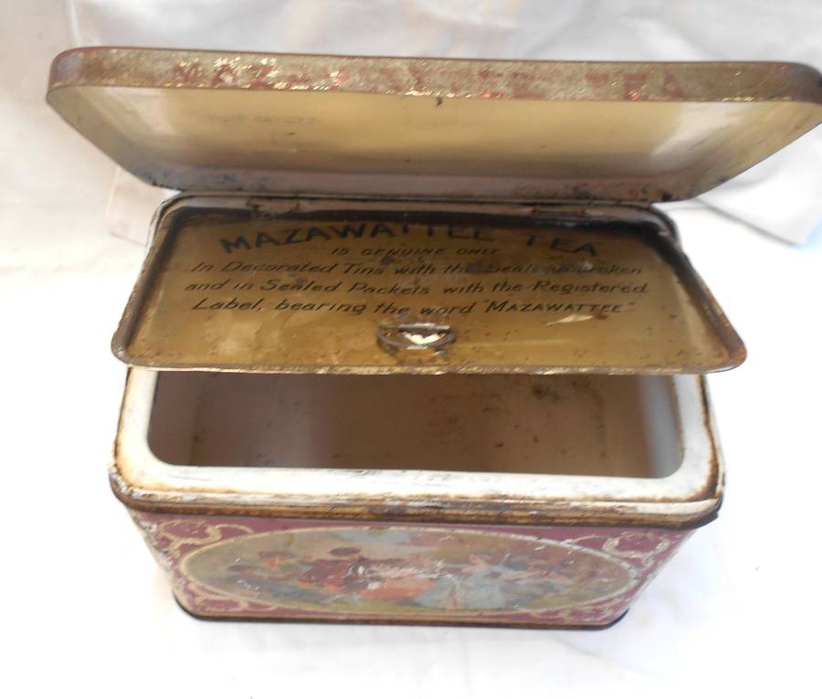 ANTIQUE 3LB MAZAWATTEE TEA TIN with INNER SEALABLE SECTION - ROMANTIC SCENE- MADE IN LONDON, ENGLAND