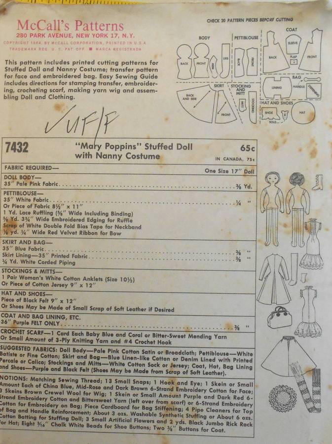 VINTAGE McCALLS 7432 MARY POPPINS DOLL & CLOTHES SIZE 17" COMPLETE-UNCUT-F/FOLDED