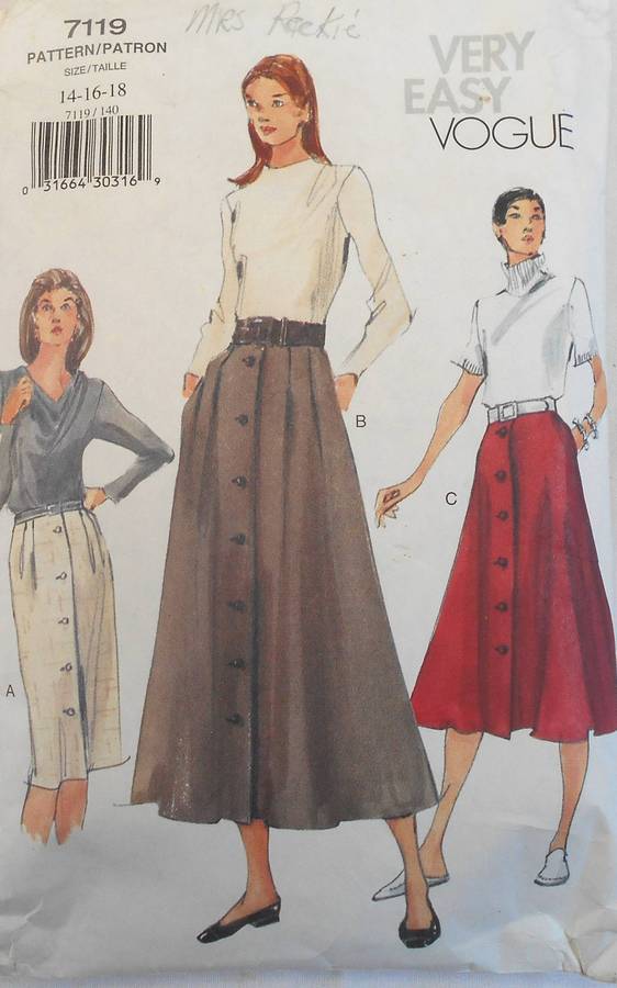 VOGUE 7119 FRONT BUTTON SET OF SKIRTS SIZE 14-16-18 COMPLETE CUT TO 18