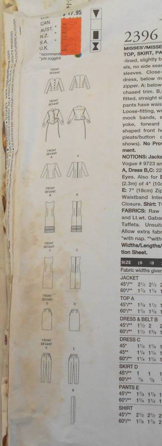 VOGUE WARDROBE 2396 JACKET-DRESS-TOP-SKIRT-PANTS-SHIRT SIZE 12-14-16 COMPLETE UNCUT-ONLY PANTS CUT
