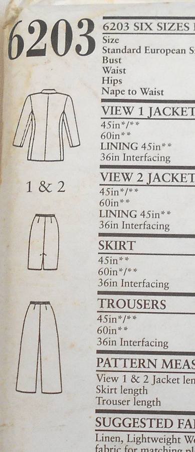 NEW LOOK PATTERNS 6203 JACKET-PANTS-SKIRT SIZE 8-18 COMPLETE-NO SEWING INSTRUCTIONS SUPPLIED