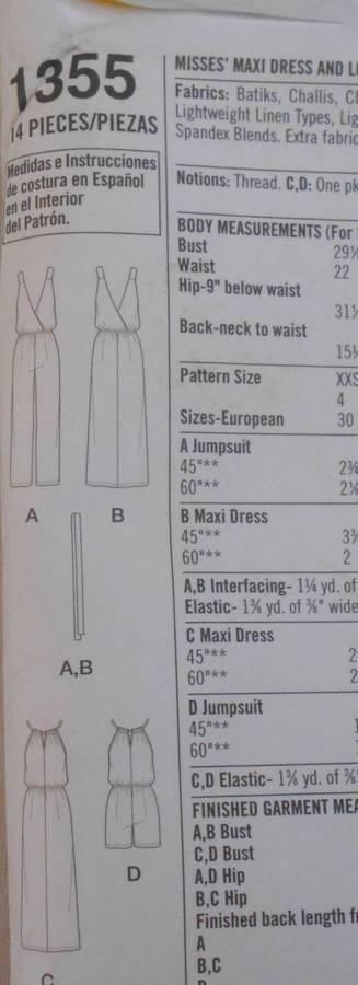 SIMPLICITY 1355 MAXI DRESS-LONG/SHORTJUMPSUIT+BODICE VARIATIONS SIZE XXS-XXL 4-26 COMPLETE-UNCUT-F/F