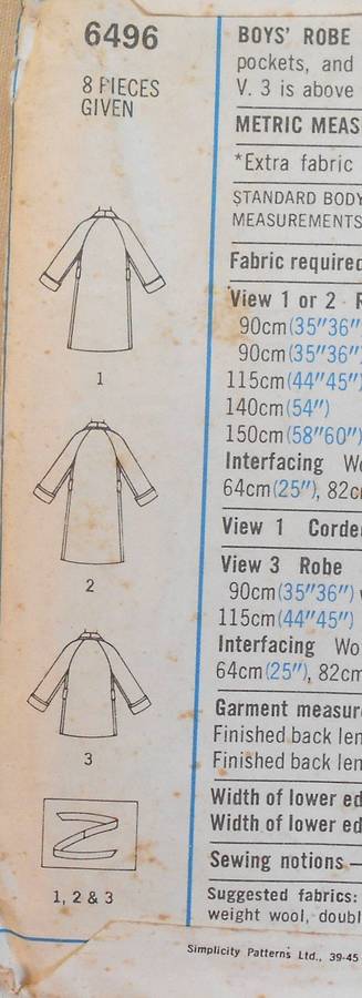 SIMPLICITY 6496 BOY'S ROBE IN 2 LENGTHS SIZE 8 YEARS CHEST 69 CM COMPLETE