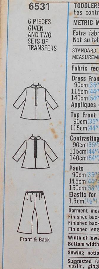 SIMPLICITY 6531 TODDLERS DRESS OR TOP & BELL BOTTOM PANTS+TRANSFER SIZE 1 YEAR CHEST 51 CM COMPLETE