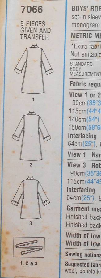 SIMPLICITY 7066 BOYS ROBE IN 2 LENGTHS SIZE 10 & 12 CHEST 71 & 76 CM COMPLETE-UNCUT-F/FOLDED