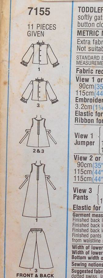 SIMPLICITY 7155 TODDLERS PINAFORE-TOP-PANTS-BLOUSE SIZES 3- & 4-YEARS CHEST 56 & 58 CM COMPLETE