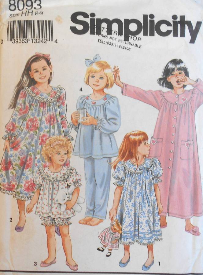 SIMPLICITY 8093 GIRLS NIGHTGOWN-ROBE-LONG & SHORT PJS SIZE 3-6 YEARS COMPLETE-UNCUT-F/FOLDED