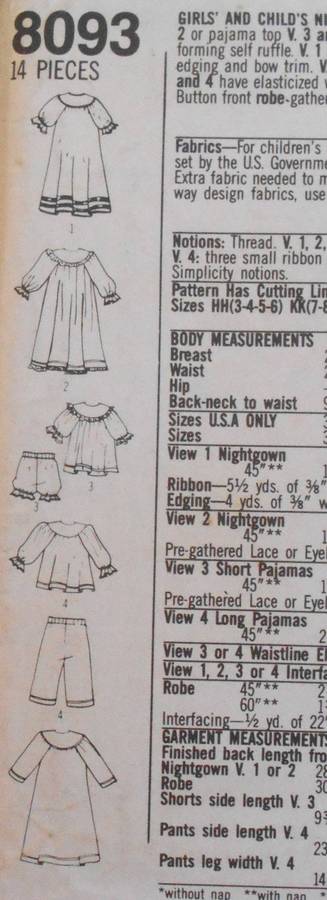 SIMPLICITY 8093 GIRLS NIGHTGOWN-ROBE-LONG & SHORT PJS SIZE 3-6 YEARS COMPLETE-UNCUT-F/FOLDED