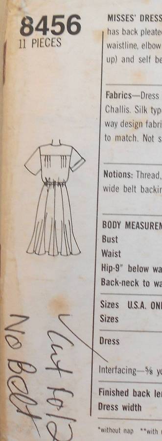SIMPLICITY 8456 DRESS SIZE 10-12-14 CUT TO 12-NO BELT PATTERN