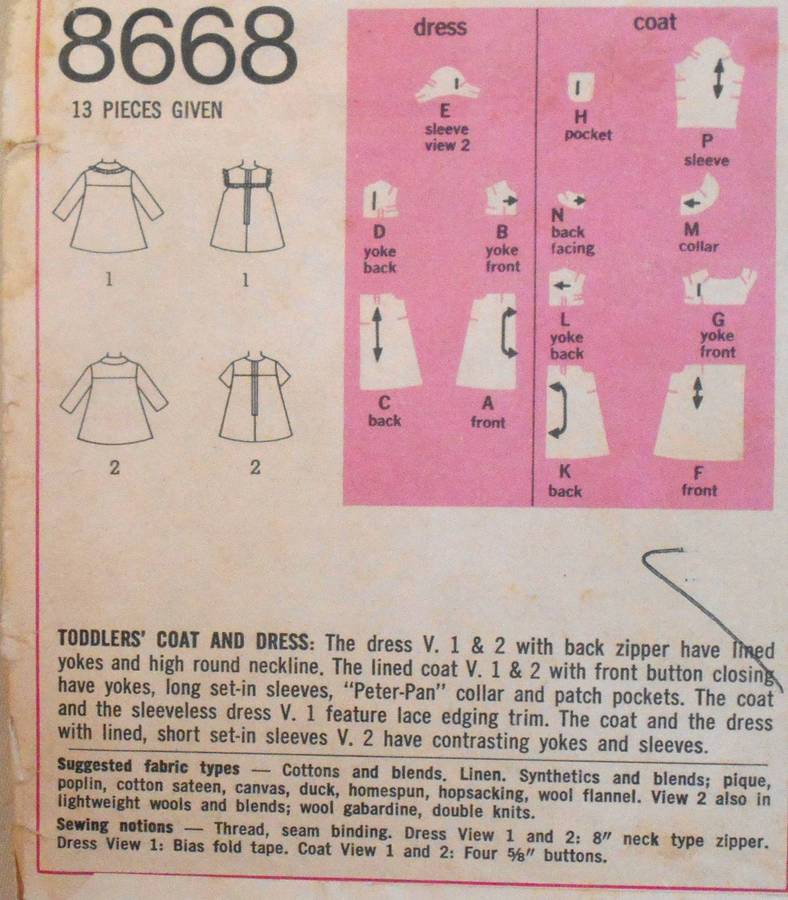 SIMPLICITY 8668 TODDLER COAT & DRESS SIZE 1 YEAR BREAST 20" COMPLETE-ZIPLOC
