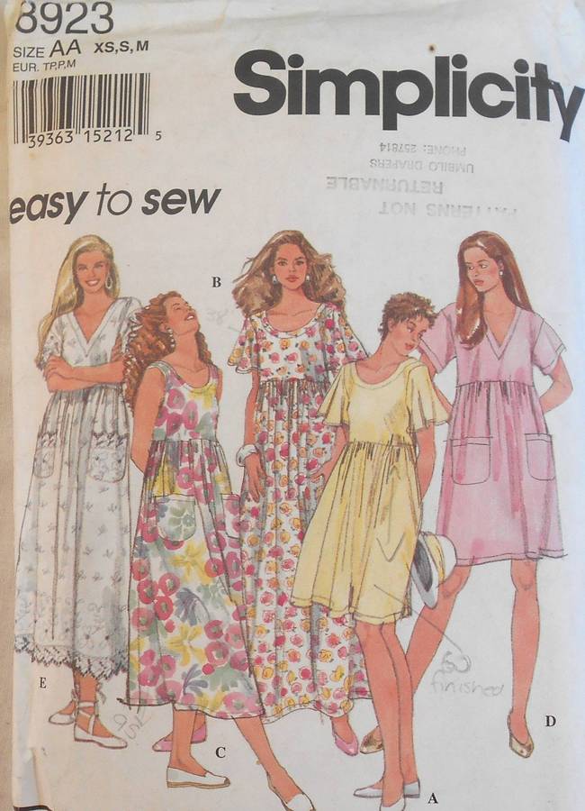 SIMPLICITY 8923 PULLOVER DRESS IN 3 LENGTHS SIZE XS-S-M (6-16) COMPLETE-CUT TO M 14-16