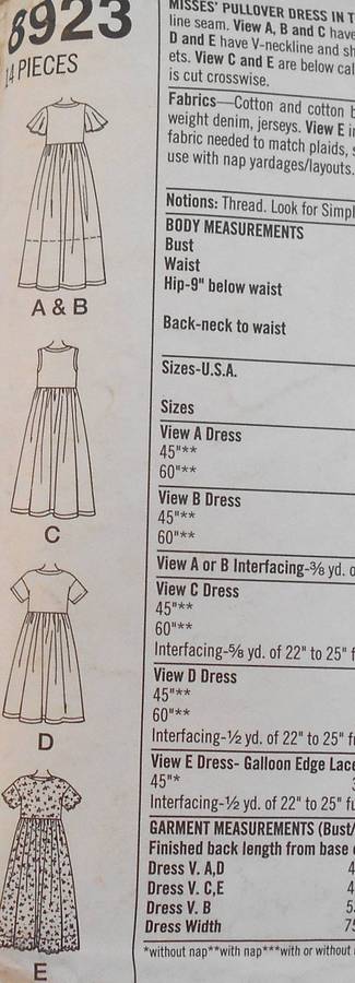 SIMPLICITY 8923 PULLOVER DRESS IN 3 LENGTHS SIZE XS-S-M (6-16) COMPLETE-CUT TO M 14-16