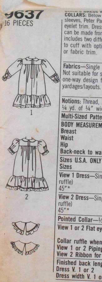 SIMPLICITY 9637 GIRLS DRESS WITH DETACHABLE COLLARS SIZES 3-6X YEARS COMPLETE-UNCUT-F/FOLDED