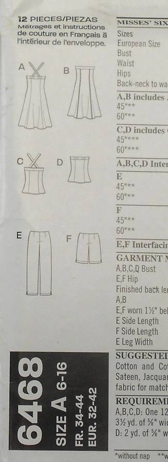 NEW LOOK PATTERNS 6468 TOP/DRESS WITH CROSSOVER STRAP/STRAPLESS-PANTS SIZE 6-16 COMPLETE-UNCUT-F/F