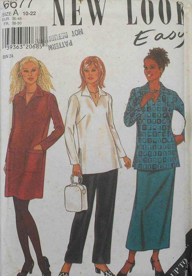 NEW LOOK PATTERNS 6677 LONG/SHORT PULLOVER TOP/DRESS-SKIRT-PANTS SIZE 10-22 COMPLETE UNCUT F/FOLDED
