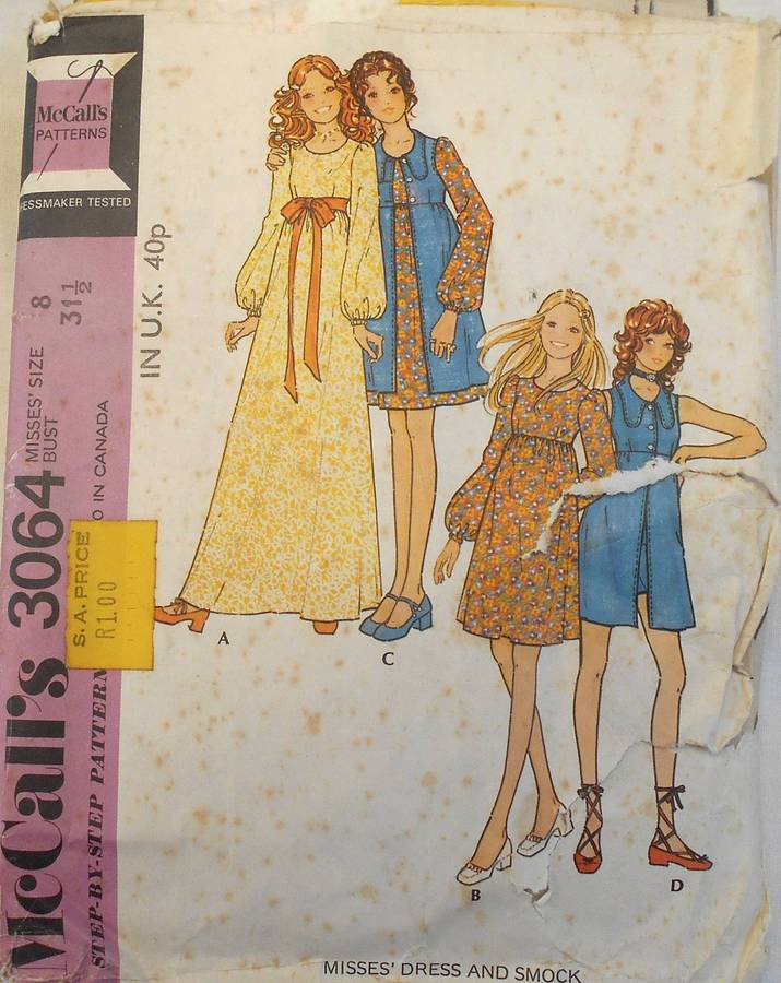 VINTAGE McCALLS 3064 DRESS & SMOCK SIZE 8 BUST 31 1/2" COMPLETE-ZIPLOC