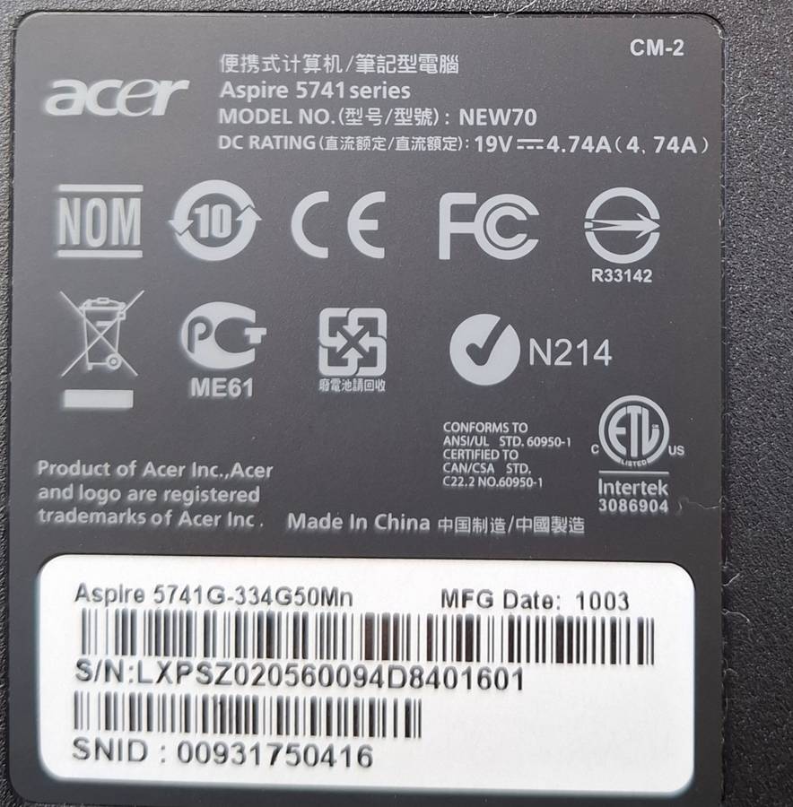 Acer 5741 Laptop i3 2.13GHZ CPU M330 4GB Ram 500Gb Hard Drive