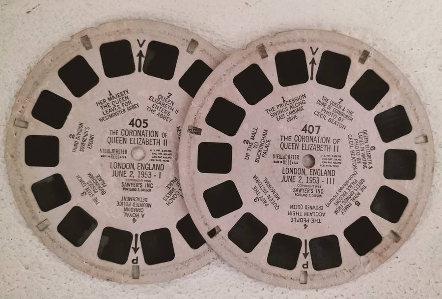 Vintage Bakelite view master (stereo viewer) with 2 Coronation reels