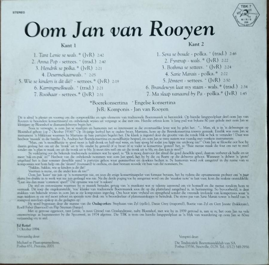 Boere musiek plaat - Vinyl / LP / Record - Oom Jan van Rooyen