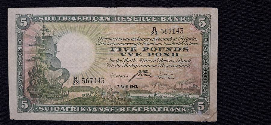 J POSTMUS 5 POUND 7 APRIL 1943 - B23 - 567143 VAN RIEBEECK WTM E/A 1st ISSUE