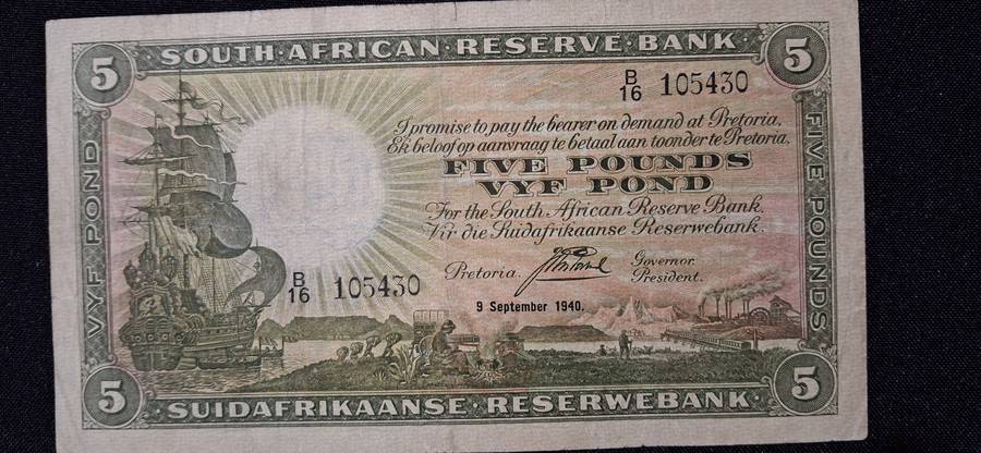 J POSTMUS 5 POUND 9 SEPTEMBER 1940 - B16 - 105430 VAN RIEBEECK WTM E/A 1st ISSUE