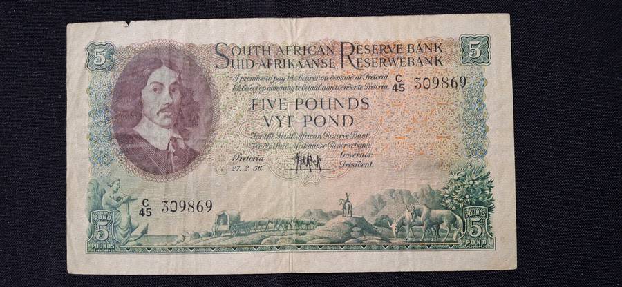 MH DE KOCK 5 POUND NOTE SERIAL NUMBER C45-309869-27 FEBRUARY 1956  CIRCULATED