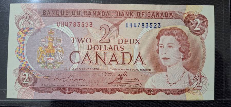 QUEEN ELIZABETH 11 BANK OF CANADA  1974 TW0 DOLLAR  NUMBER UH4783523 UNCIRCULATED VERY SCARCE