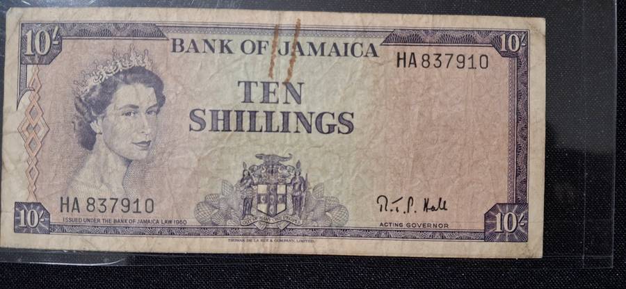 QUEEN ELIZABETH 11 BANK OF JAMAICA  10 SHILLINGS NOTE NUMBER HA837910 CIRCULATED SCARCE