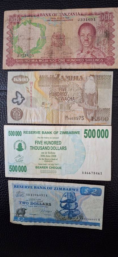 Set of 11  RSA and other WORLD Banknotes Circulated with Silver USA Dollar and QE 2nd One Dollar