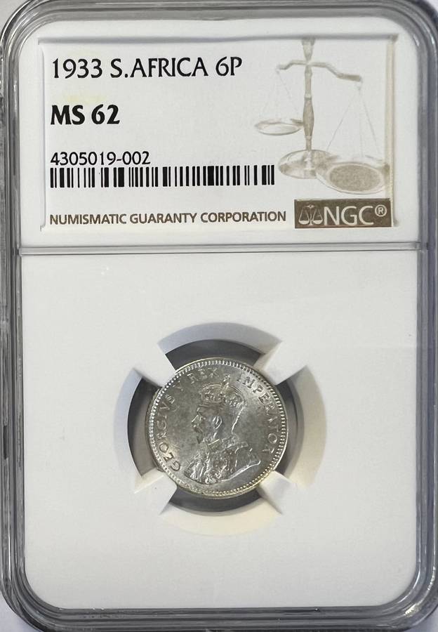 1933 South Africa 6 Pence MS 62