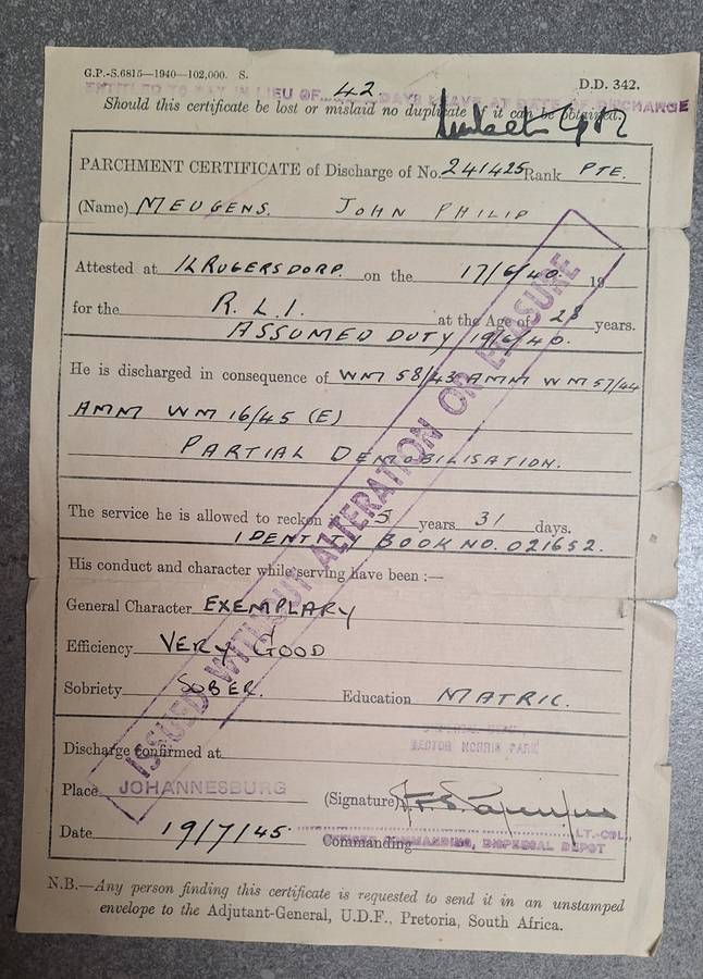 WW2 RAND LIGHT INFANTRY (RLI) POW MEDAL GROUP ,PAPERS & DOG TAG
